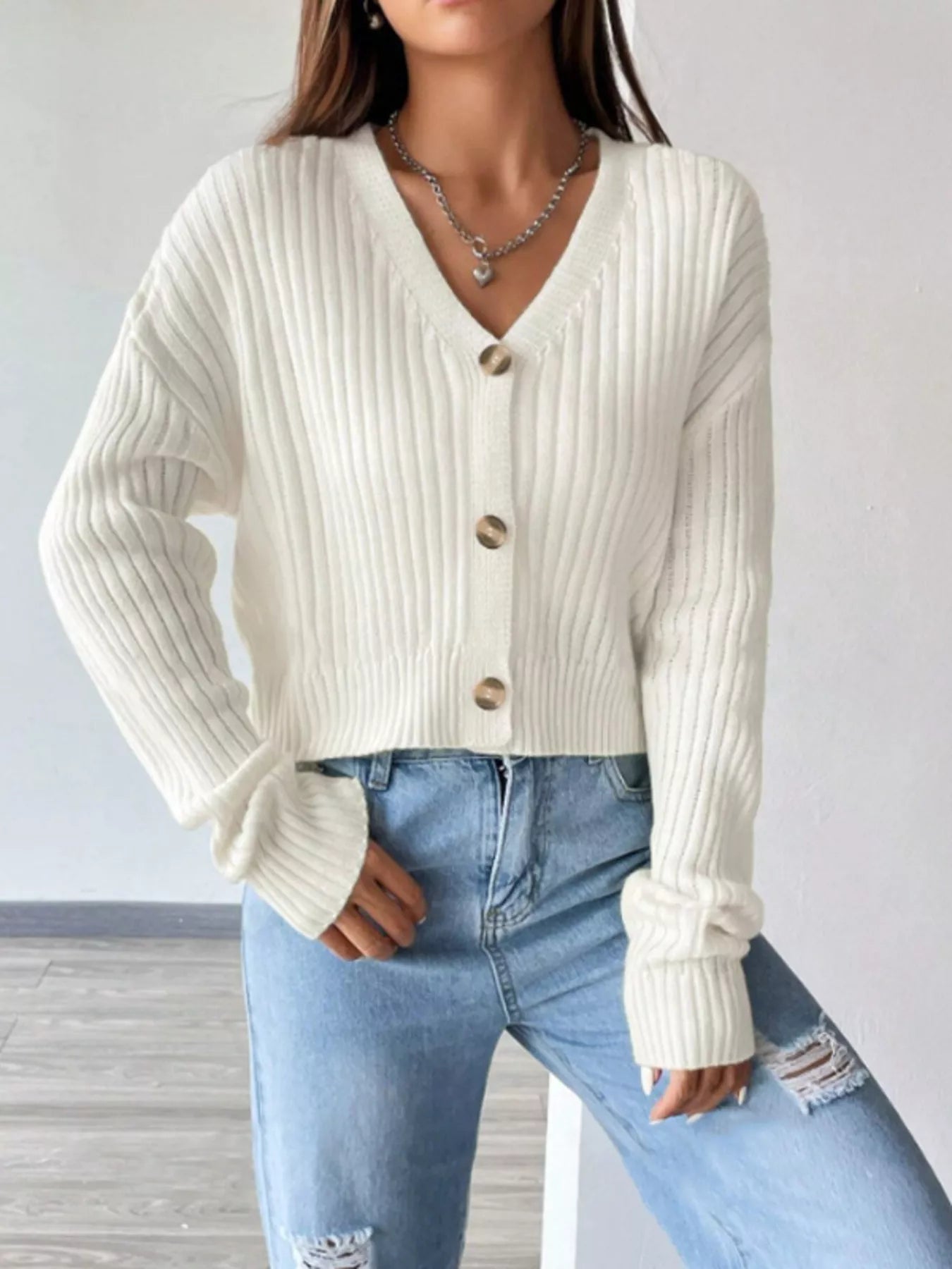 V-Neck Button-Up Cardigan White OutfitFlow