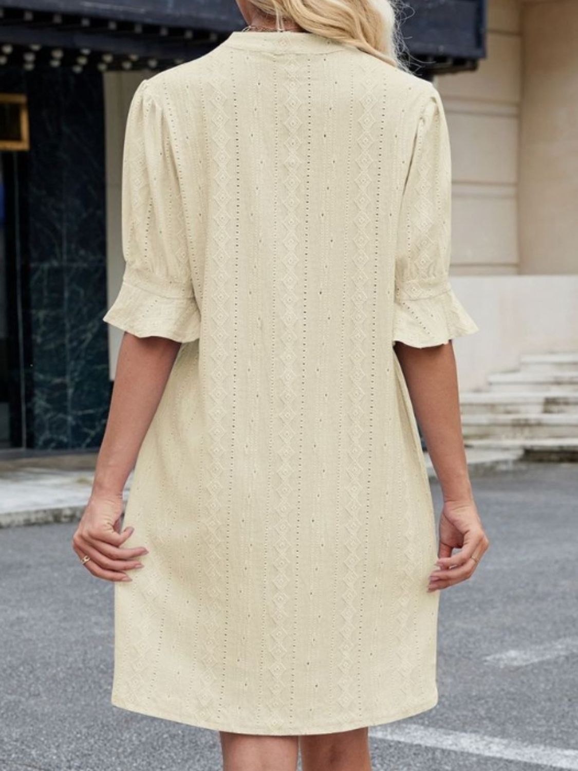 Eyelet Flounce Sleeve Mini Dress OutfitFlow