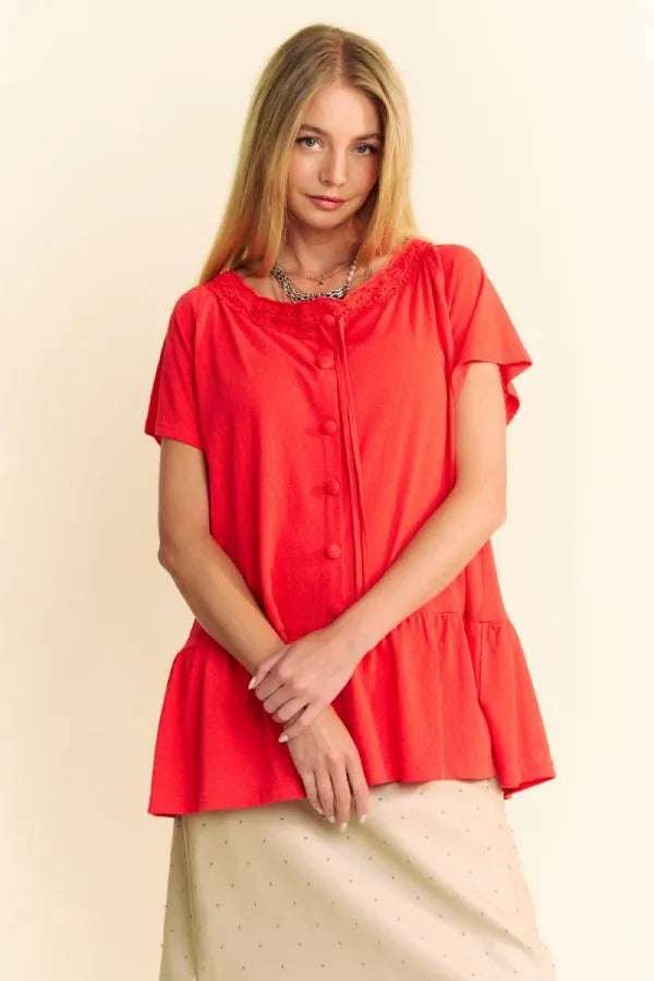Davi & Dani Solid Lace Trim Neck Short Sleeve Peplum Top OutfitFlow