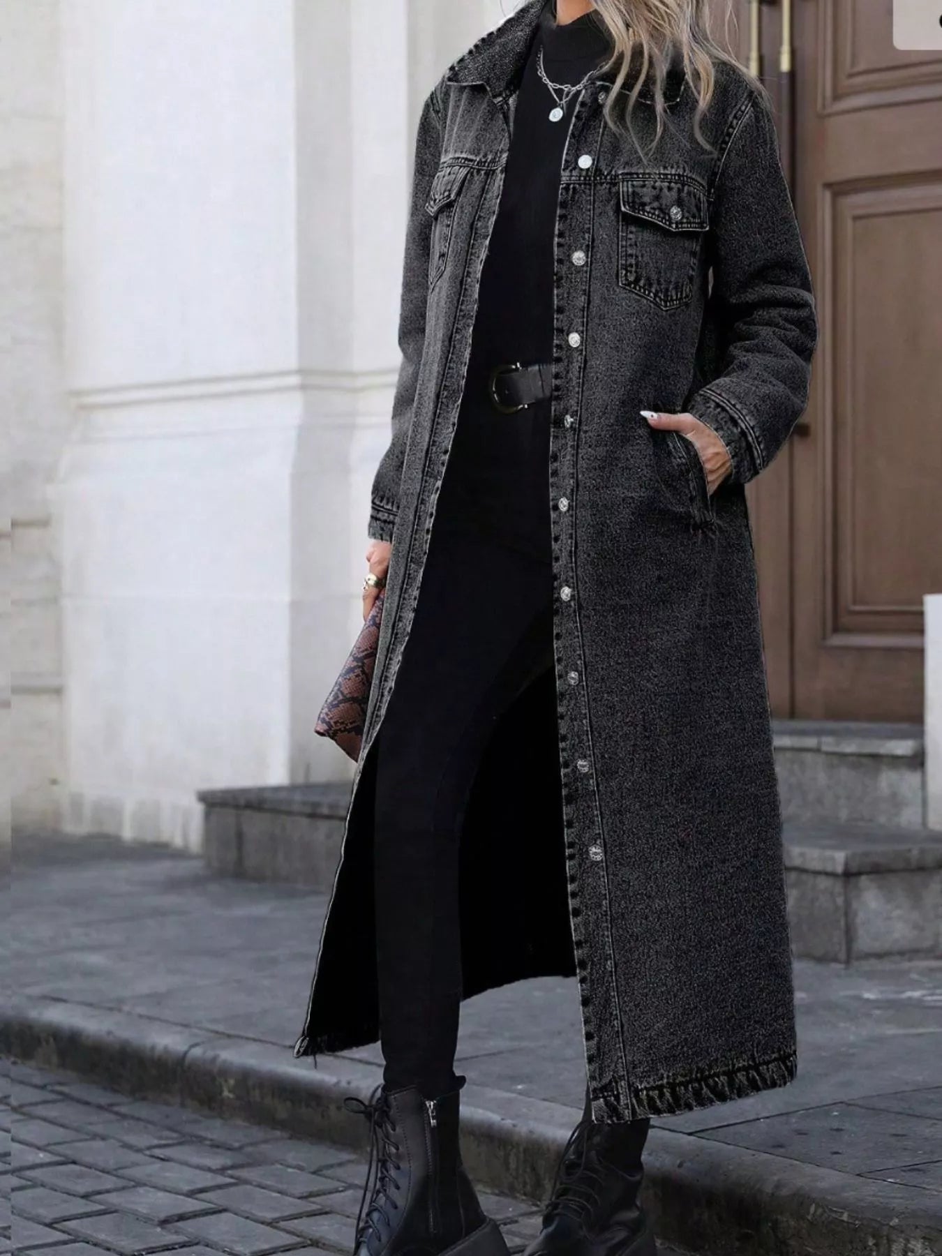 Longline Button-Front Denim Jacket OutfitFlow