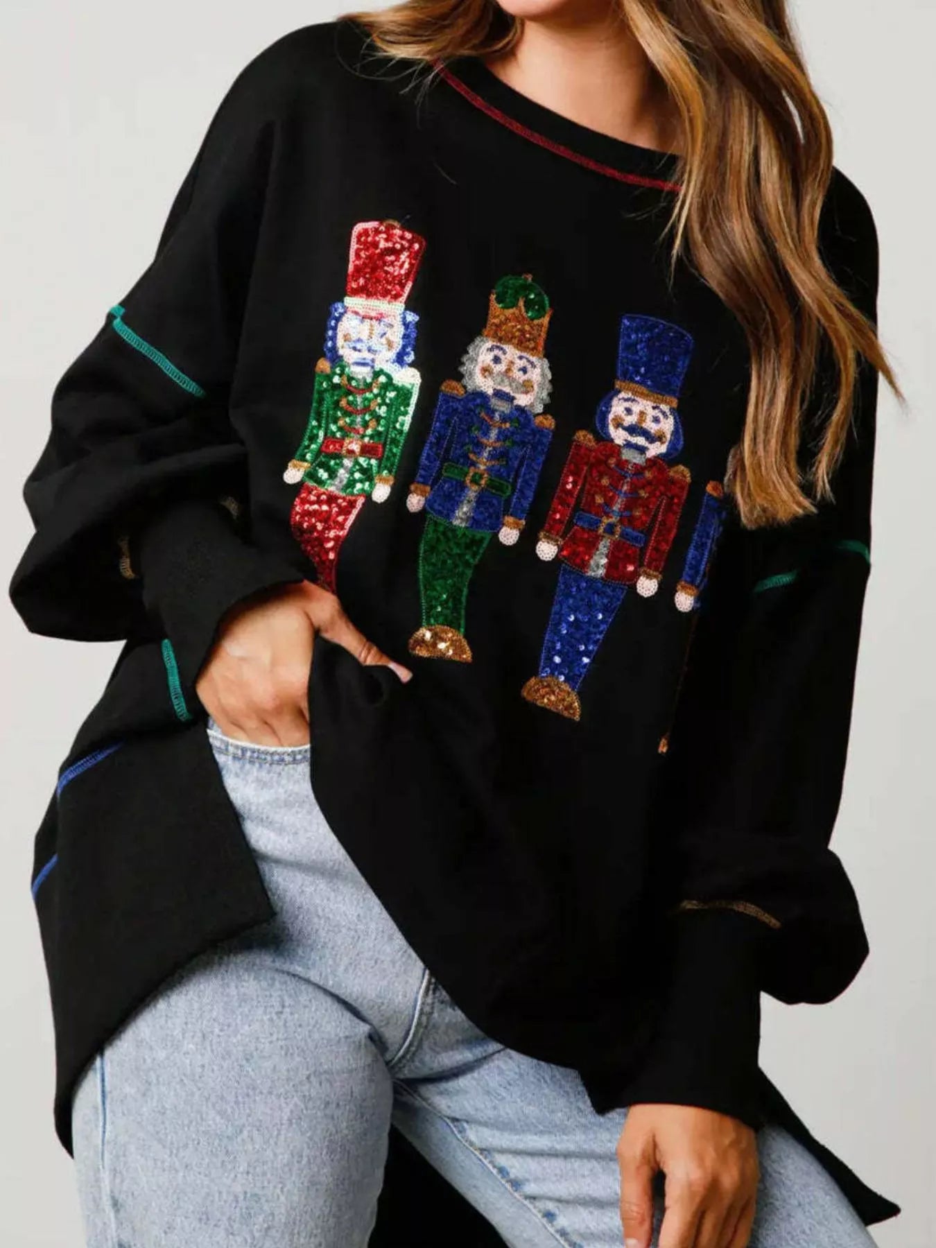 Christmas Nutcracker Sequin Round Neck Sweatshirt Black OutfitFlow