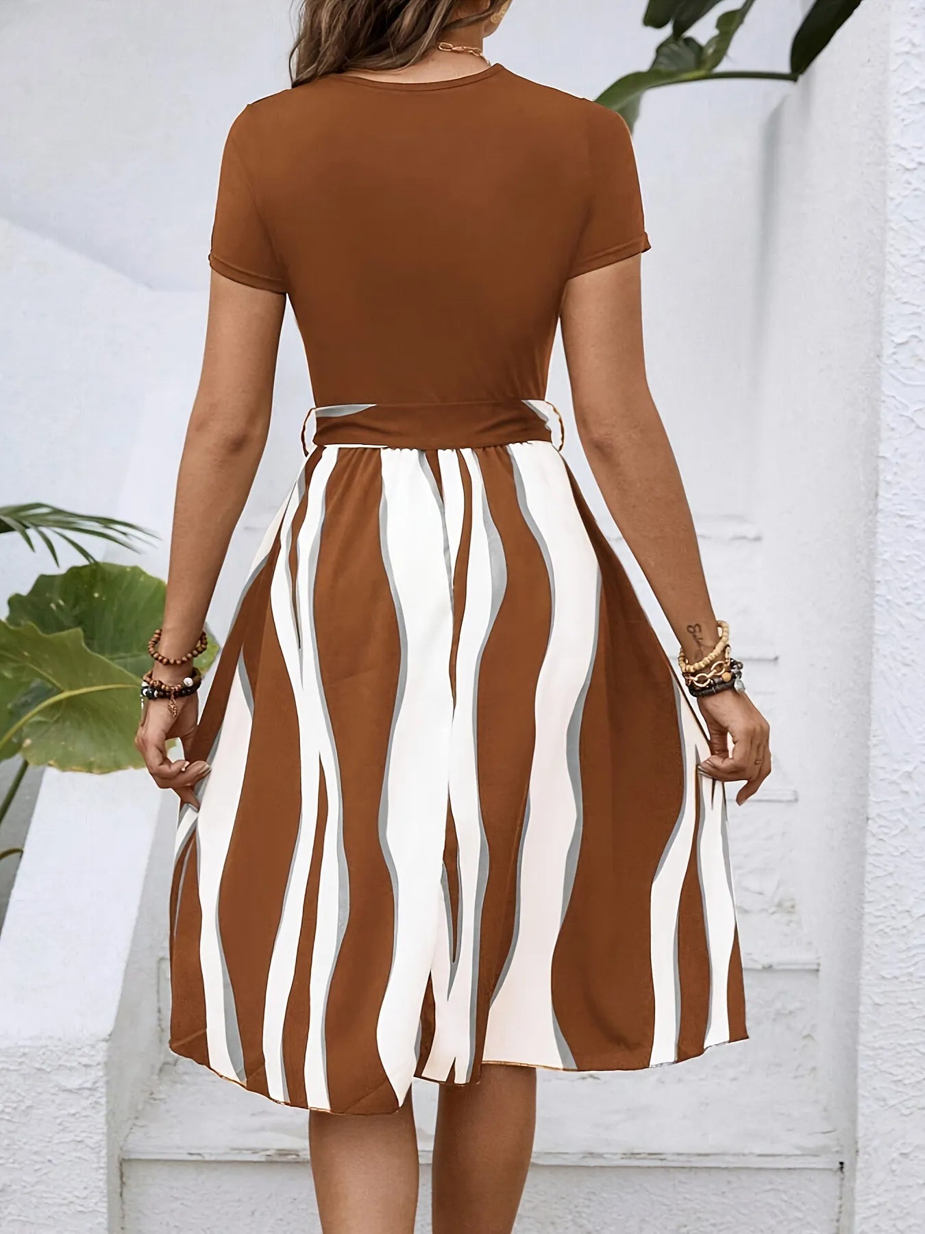 Striped Short Sleeve Tie Waist Dress OutfitFlow