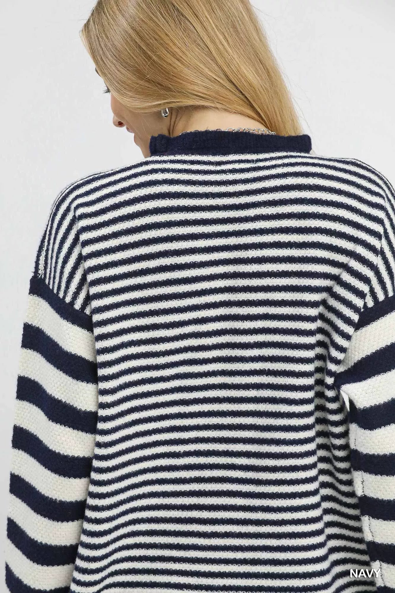 Umgee Ruffle Neck Stripe Sweater OutfitFlow