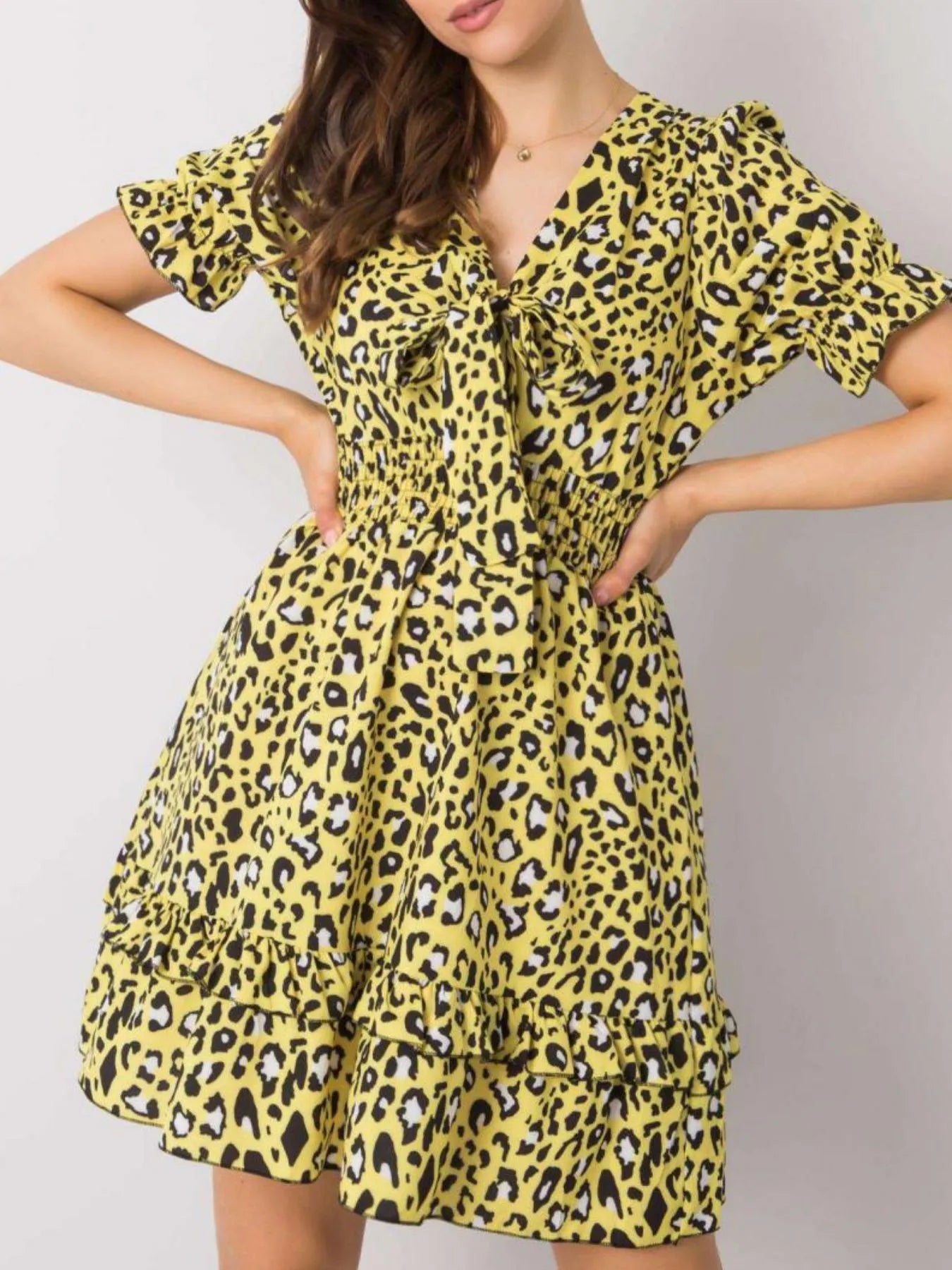 Leopard Print Tie Front Short Sleeve Mini Dress Neon Yellow OutfitFlow
