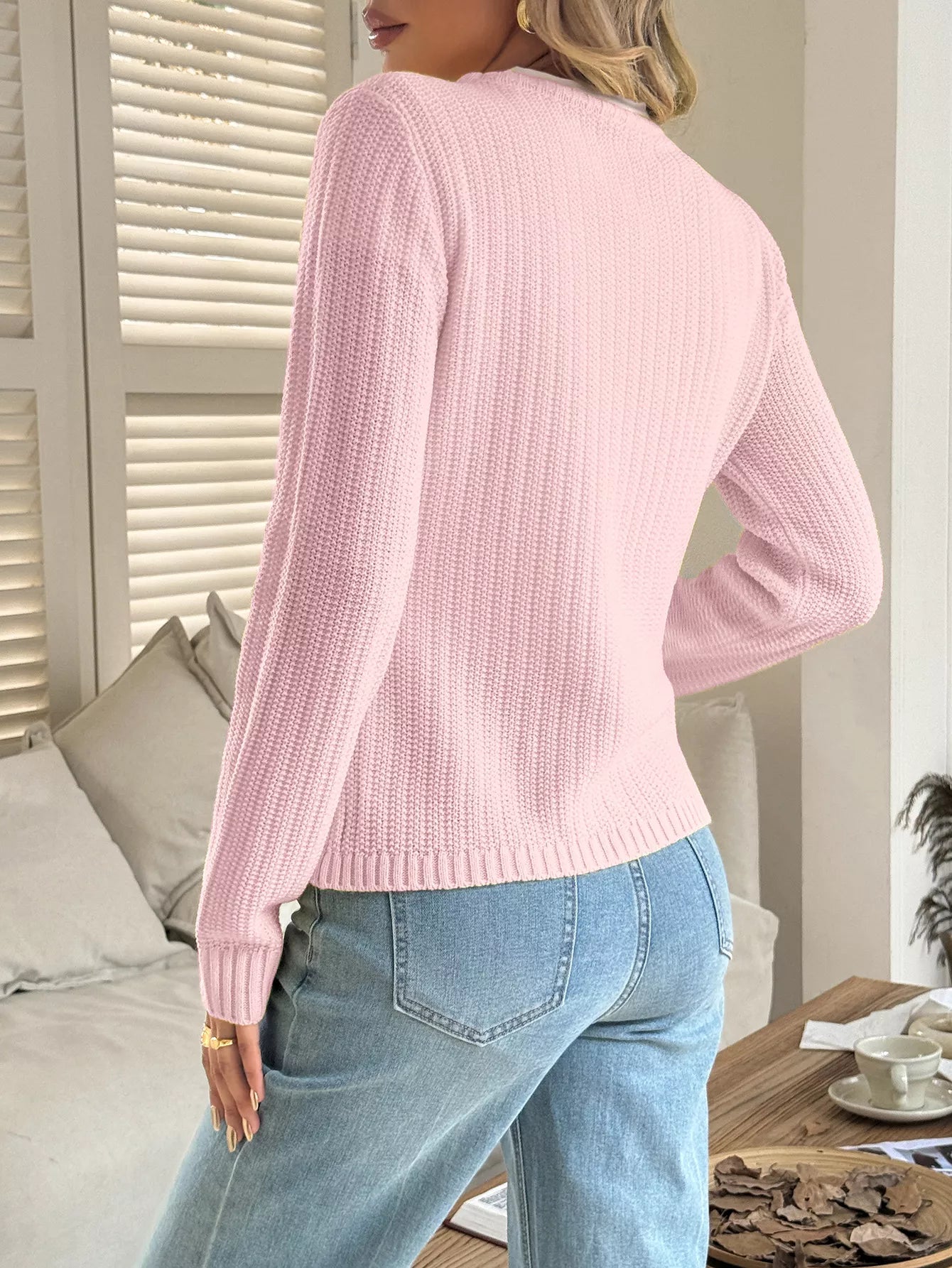 Button-Front Ribbed Long Sleeve Cardigan OutfitFlow
