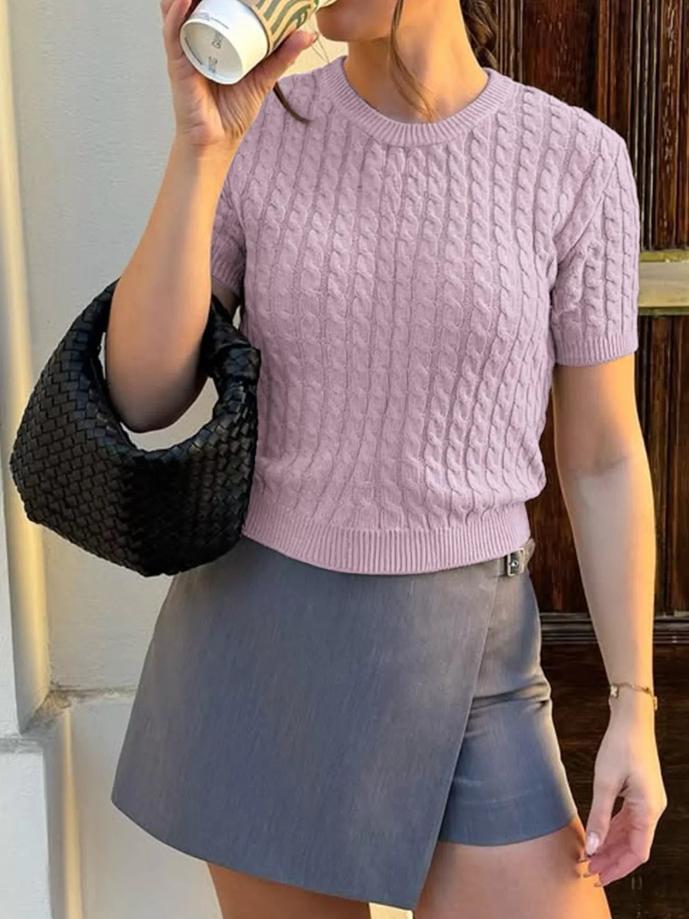 Cable-Knit Short Sleeve Sweater Trendsi