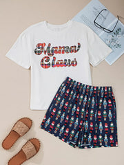 Mama Claus Plaid Letter Tee and Nutcracker Shorts 2pcs Lounge Set OutfitFlow