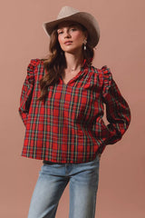 SO ME Christmas Checkered Plaid Smocked Blouse RED MULTI OutfitFlow