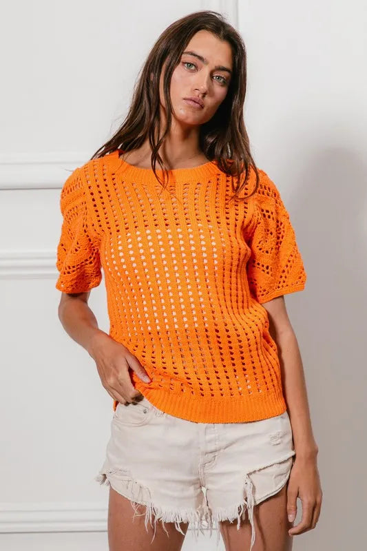 BiBi Crochet Knit Cover Up With Puff Sleeves OutfitFlow