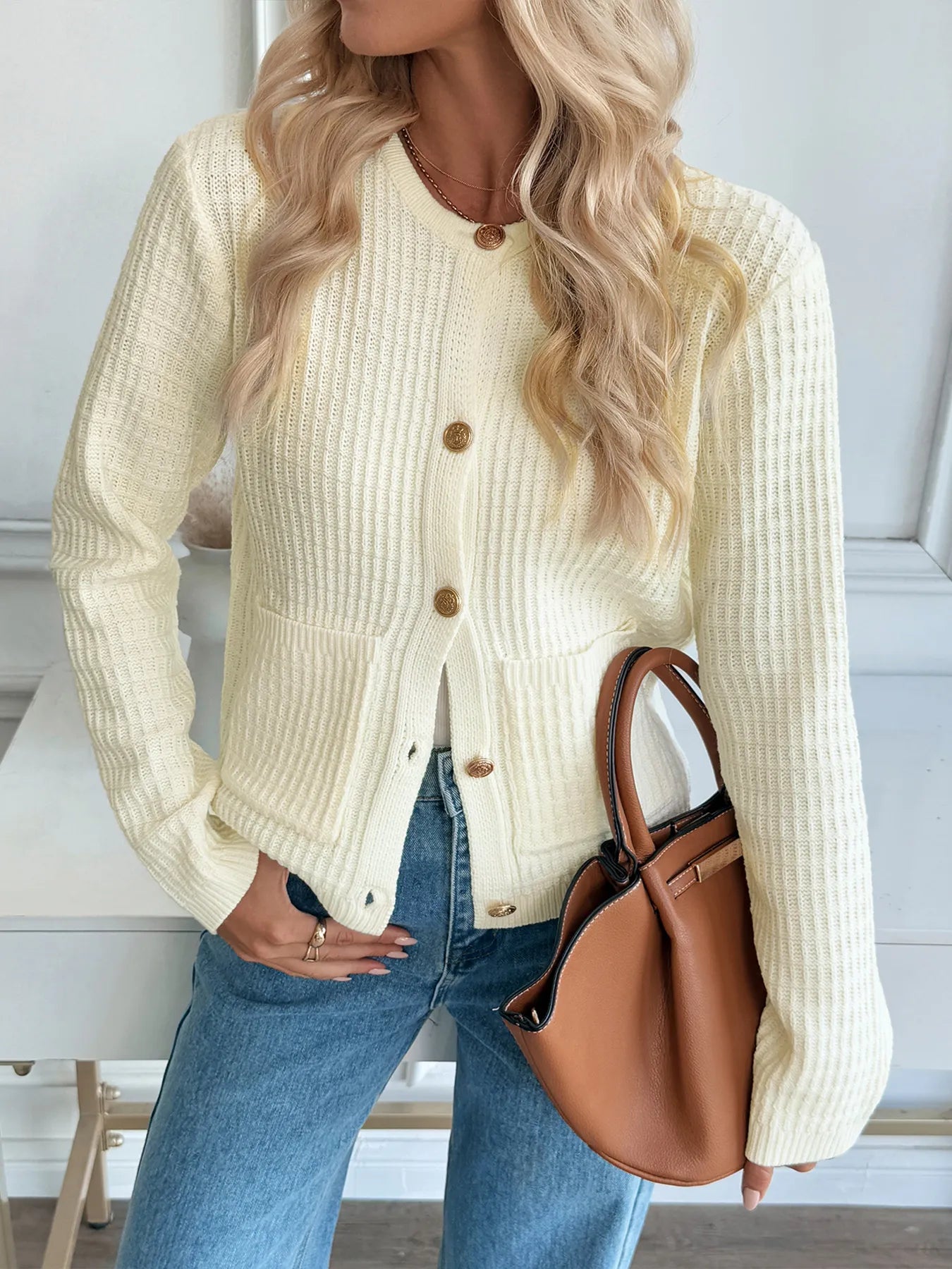 Button-Up Long Sleeve Cardigan with Pockets OutfitFlow