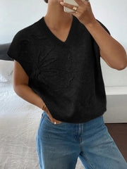 Ribbed Hem V-Neck Short Sleeve Sweater Black OutfitFlow
