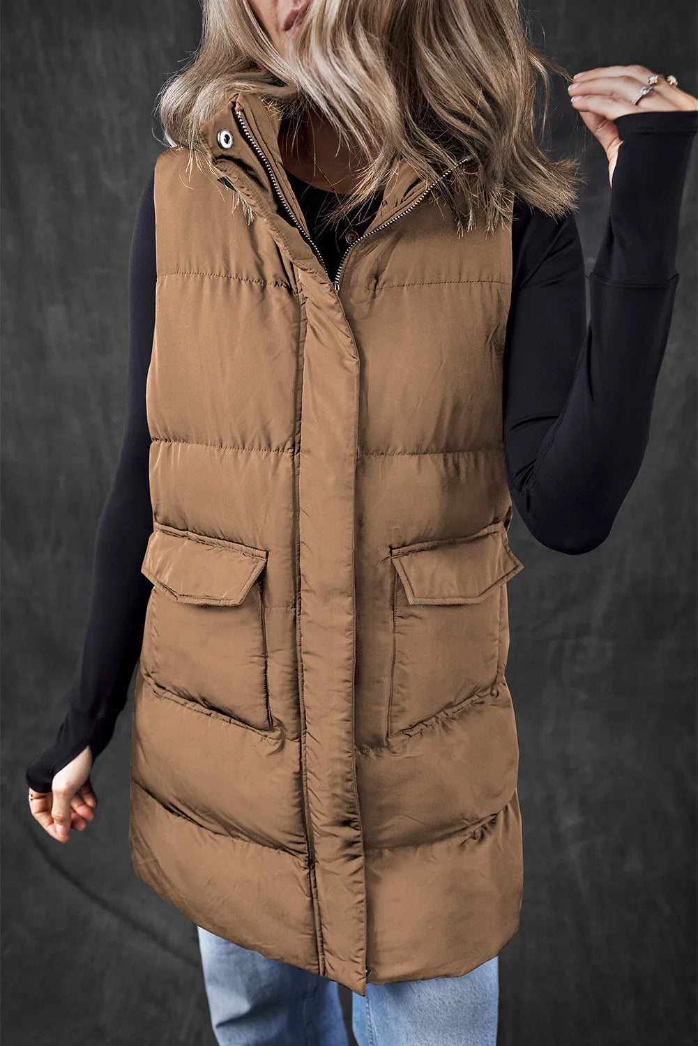Pocketed Zip Up Vest Coat OutfitFlow