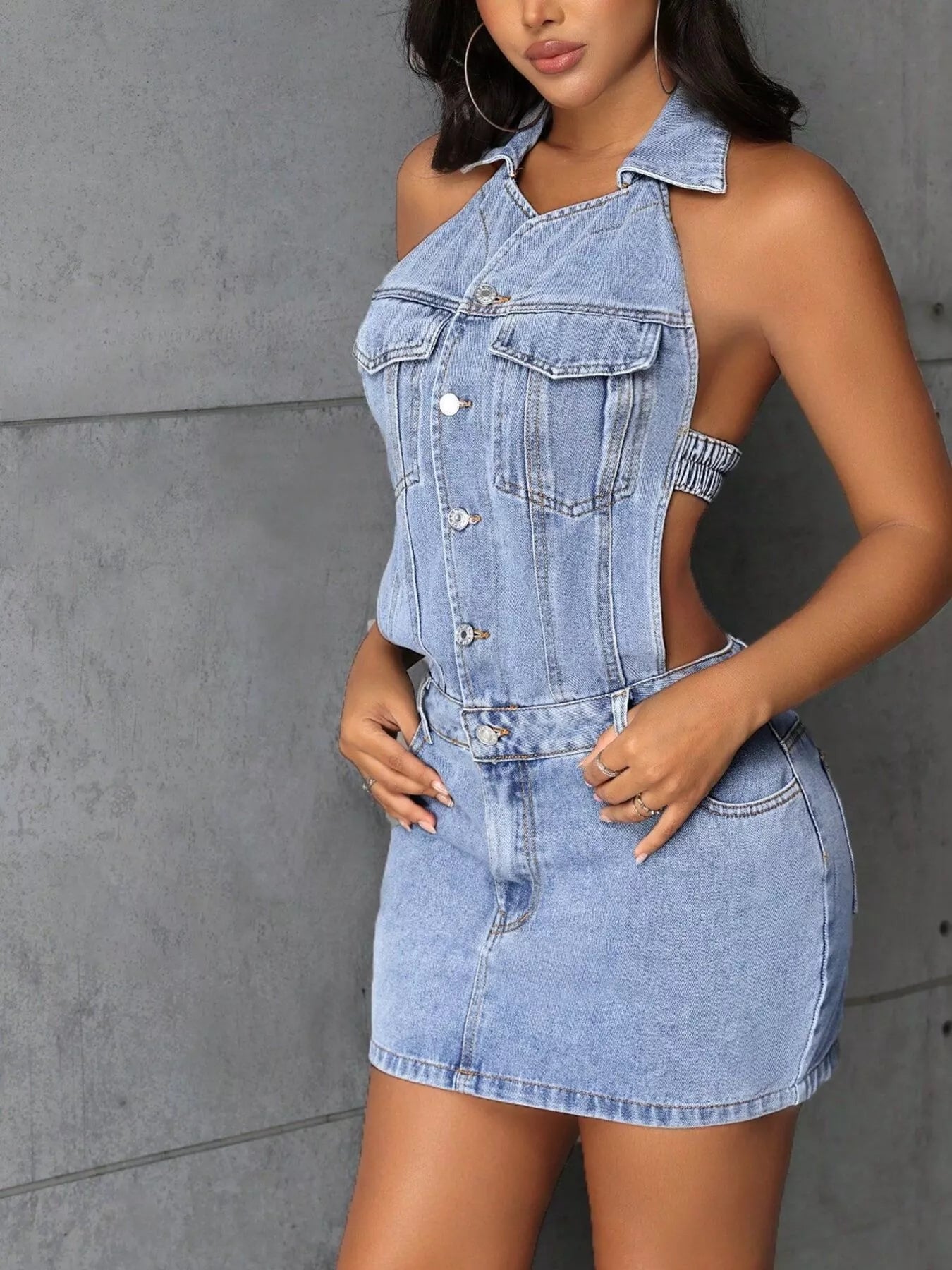 Backless Sleeveless Button Front Denim Mini Dress OutfitFlow