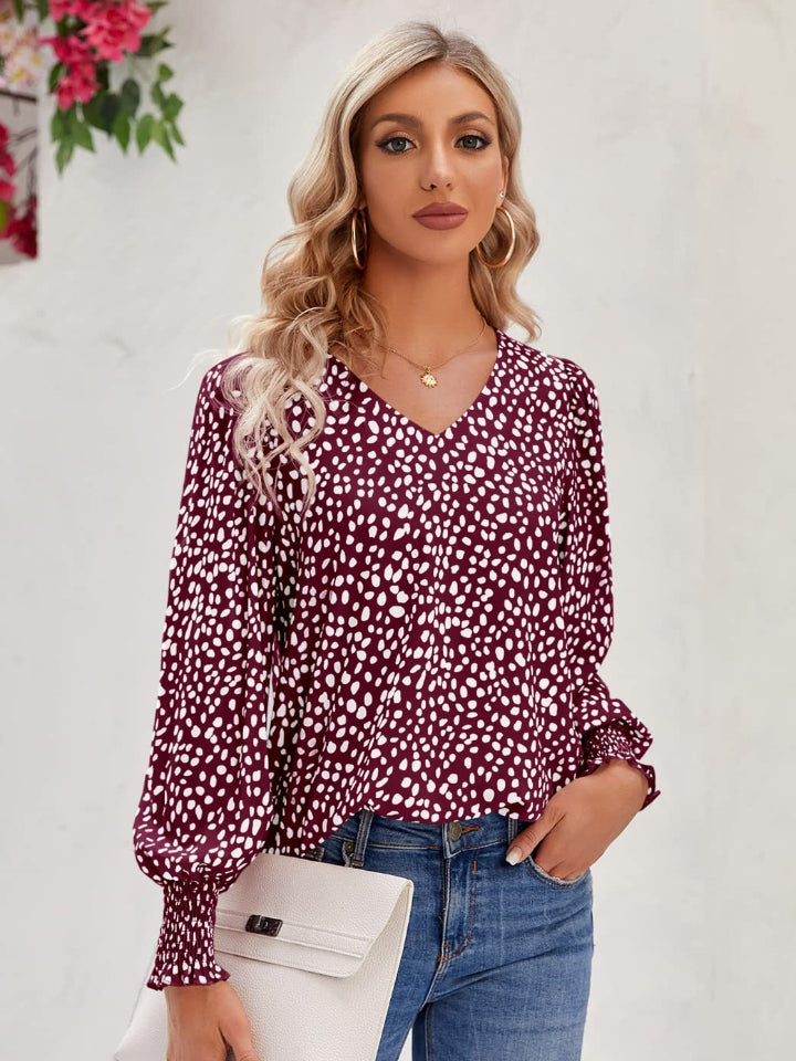 Printed V-Neck Lantern Sleeve Blouse Burgundy OutfitFlow