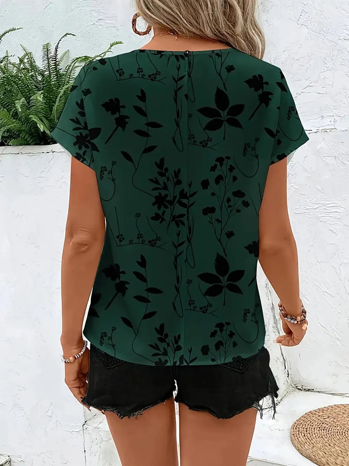 Printed Round Neck Short Sleeve Blouse OutfitFlow
