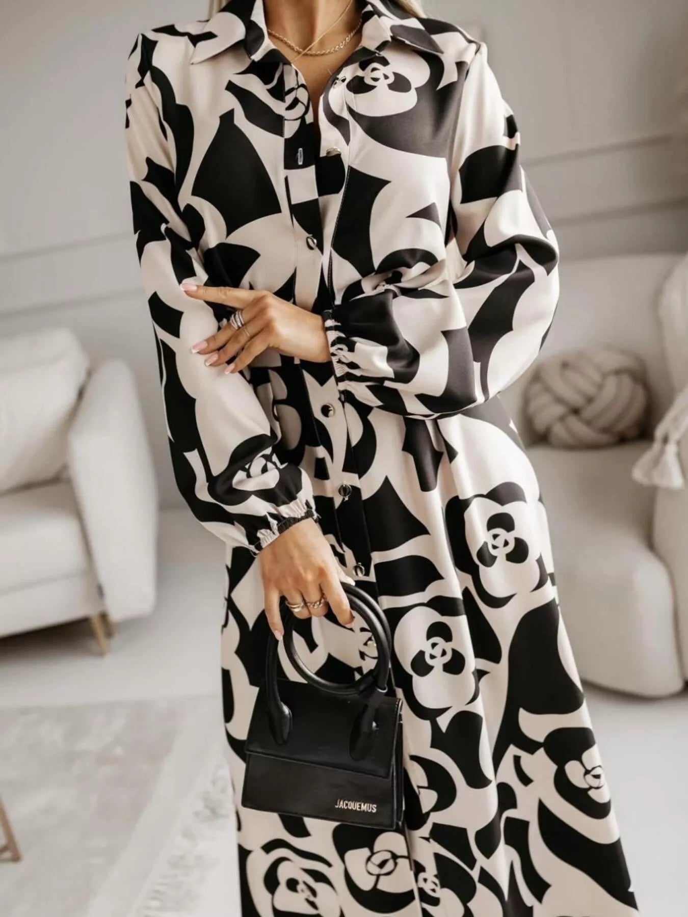 Printed Button Front Maxi Shirt Dress Black OutfitFlow
