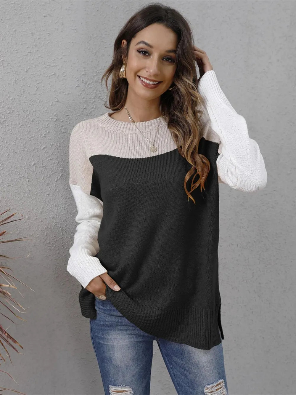 Color Block Round Neck Sweater OutfitFlow