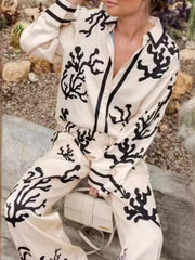 Printed Long Sleeve Shirt and Pants Set OutfitFlow