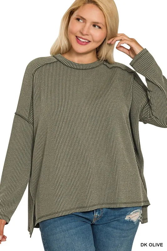 Zenana Full Size Exposed Seam Long Sleeve Corded Rib Knit Top Plus Size OutfitFlow