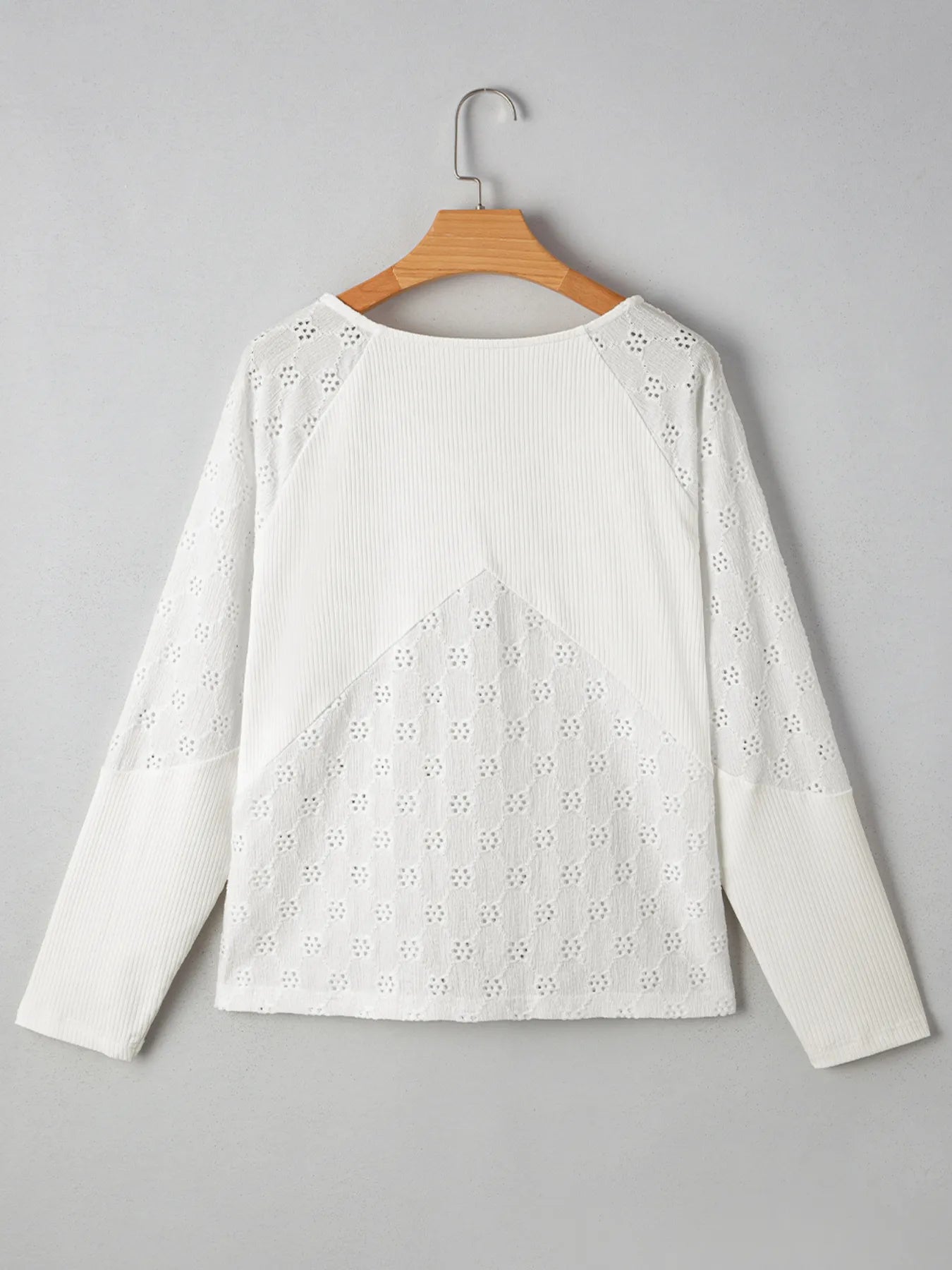 Eyelet Embroidered Loose V Neck Long Sleeve Top OutfitFlow