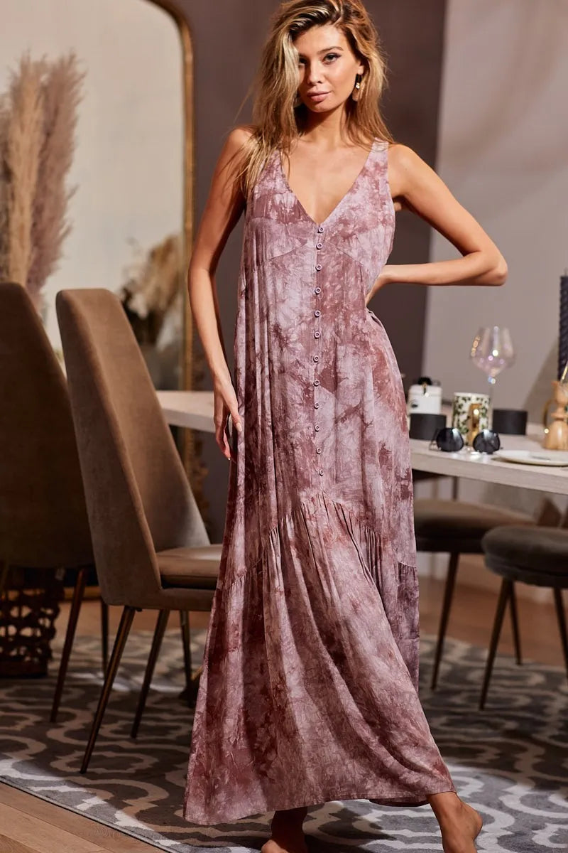 BiBi Tie-Dye Sleeveless V-Neck Dress OutfitFlow