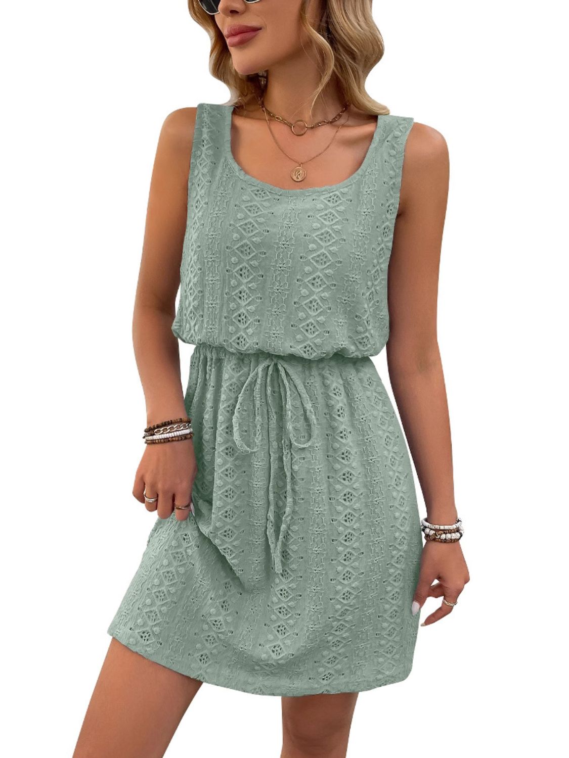 Eyelet Drawstring Round Neck Sleeveless Dress OutfitFlow