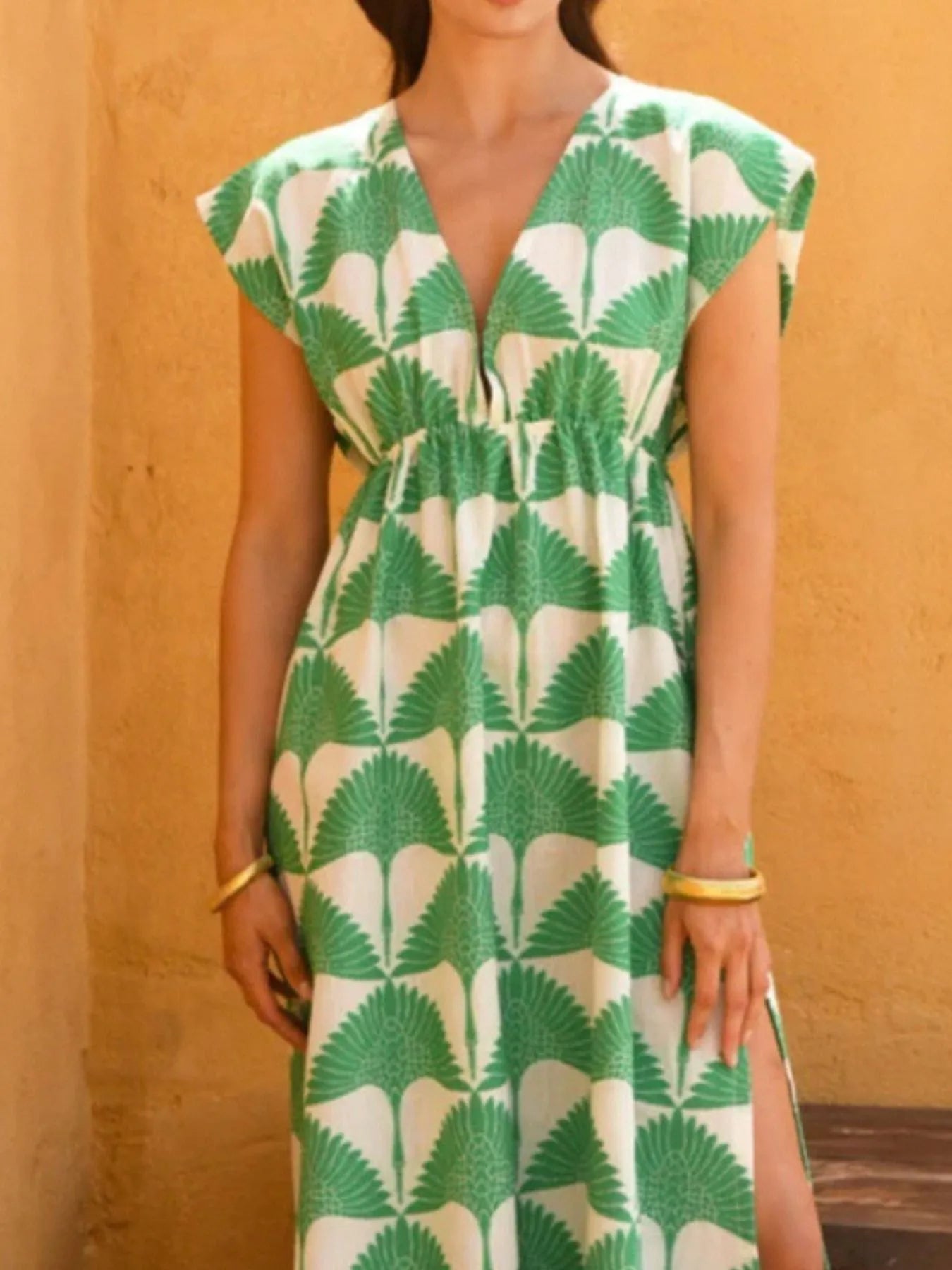 Slit Printed V-Neck Cap Sleeve Maxi Dress OutfitFlow