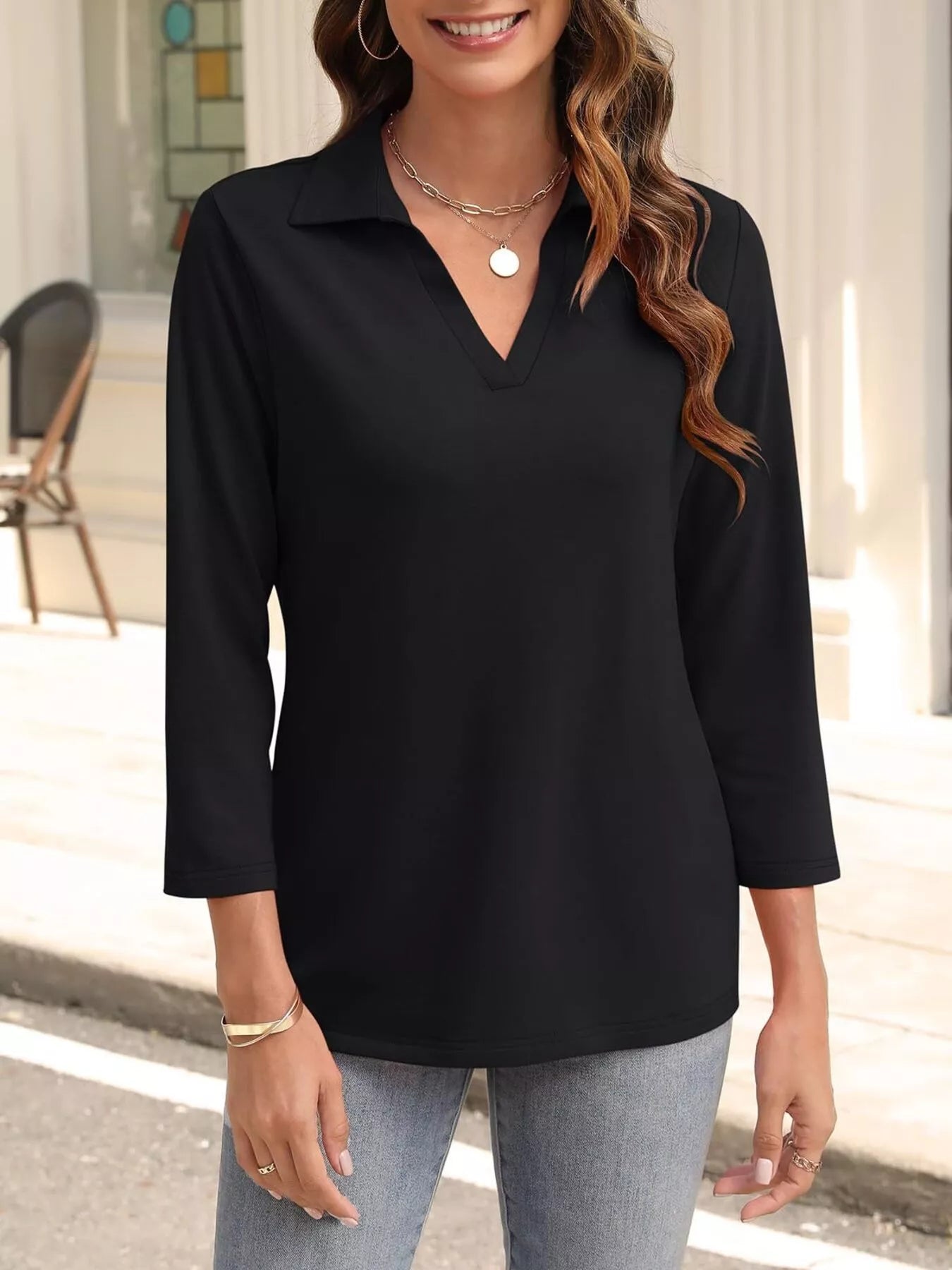 Johnny Collar Solid Color Top Black OutfitFlow