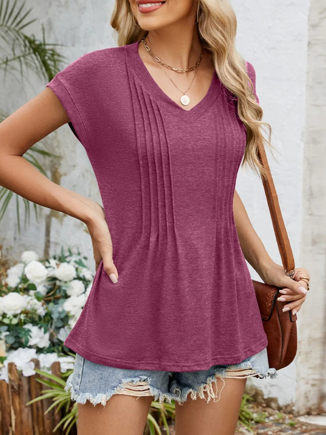 Casual V-Neck Pleated Front T-Shirt OutfitFlow