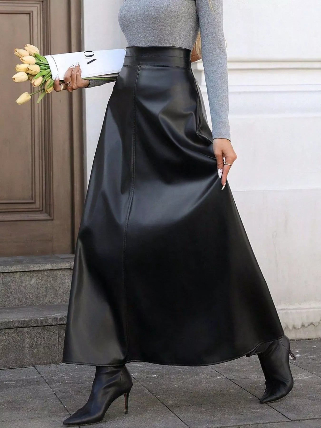 Leather A-Line Midi Skirt OutfitFlow