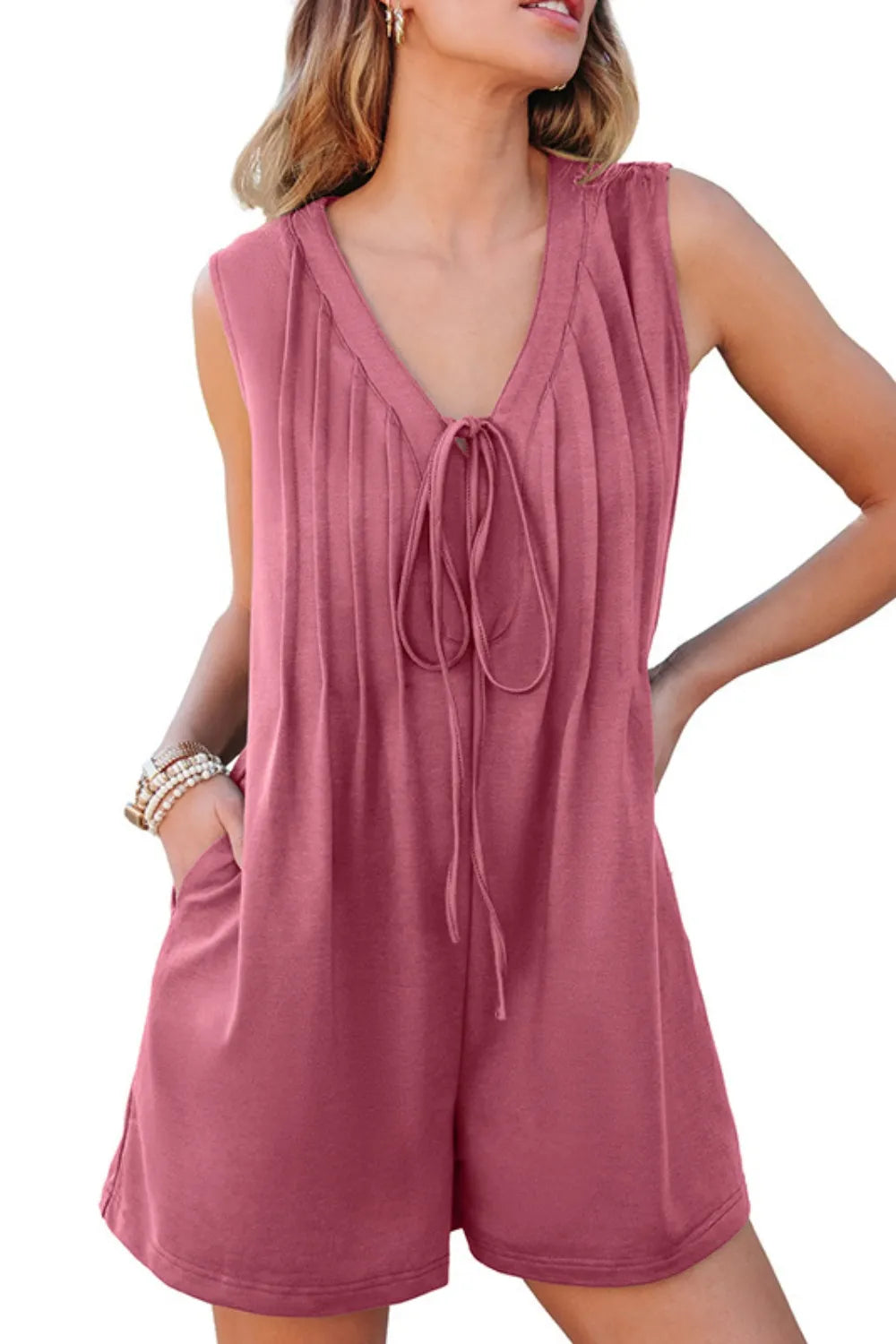 Tie Front Sleeveless Romper Deep Rose OutfitFlow