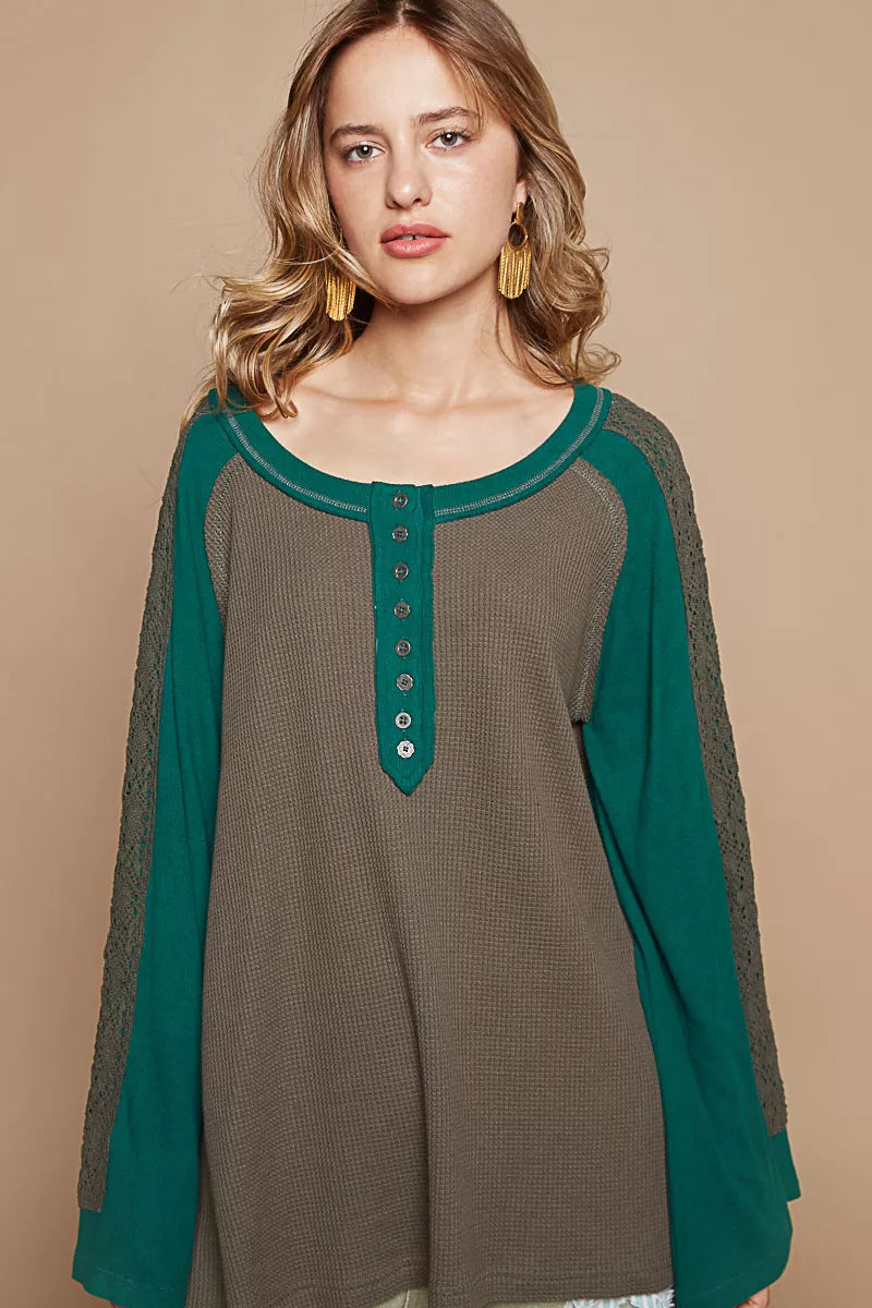 POL Scoop Neck Contrast Long Sleeve Top with Lace Detail Trendsi