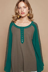 POL Scoop Neck Contrast Long Sleeve Top with Lace Detail Trendsi