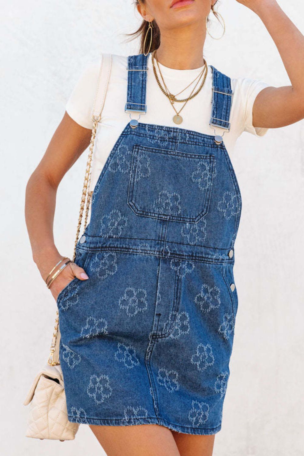 Flower Print Square Neck Denim Overall Dress OutfitFlow