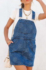 Flower Print Square Neck Denim Overall Dress OutfitFlow
