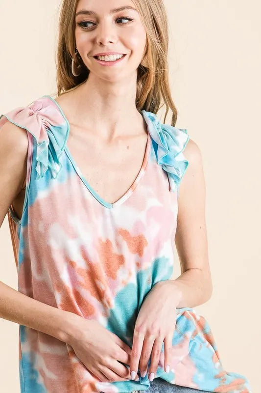BiBi Circular Tie Dye Knit V Neck Top With Ruffle OutfitFlow