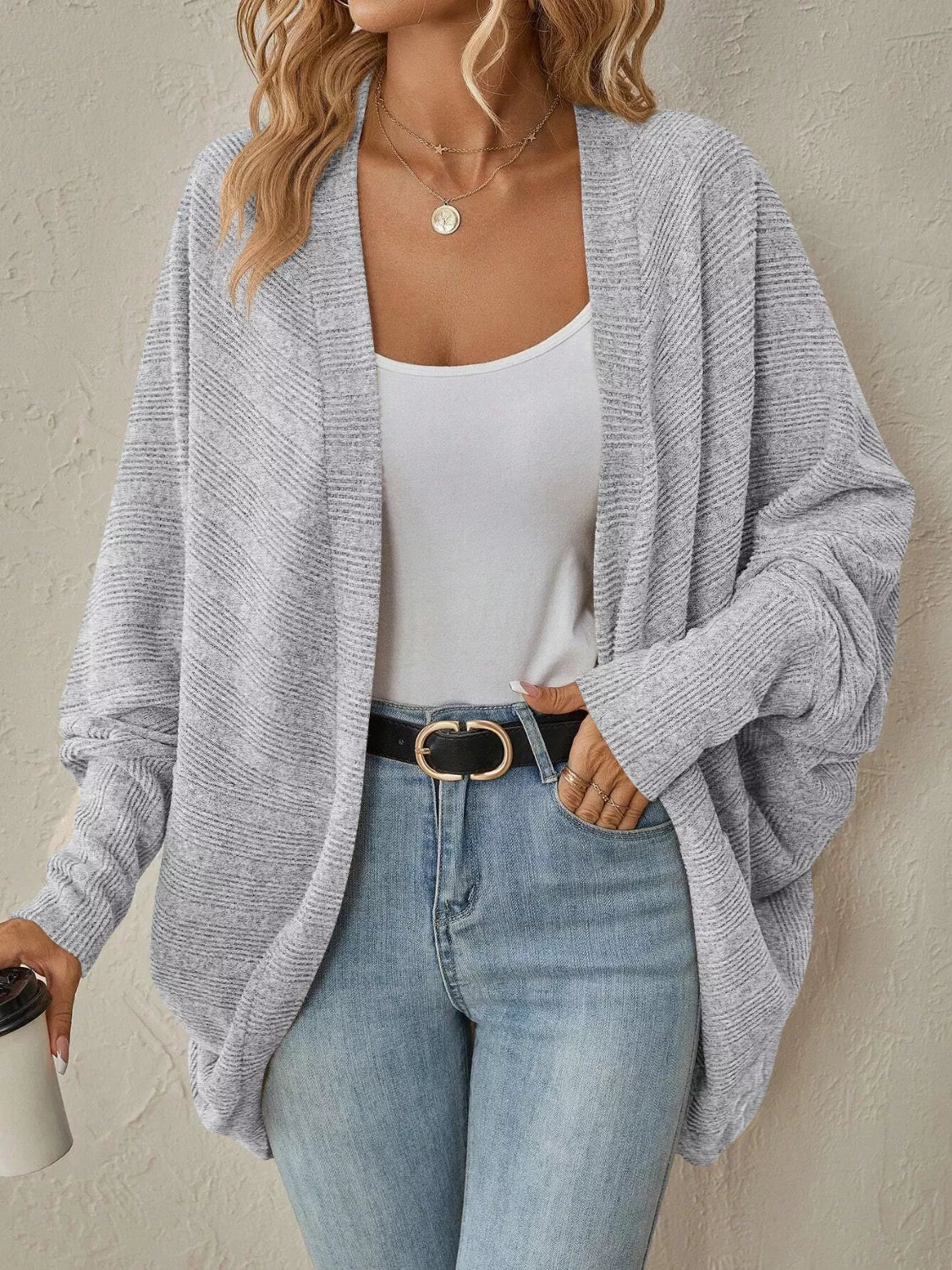 Casual Knit Open Front Cardigan Light Gray Trendsi
