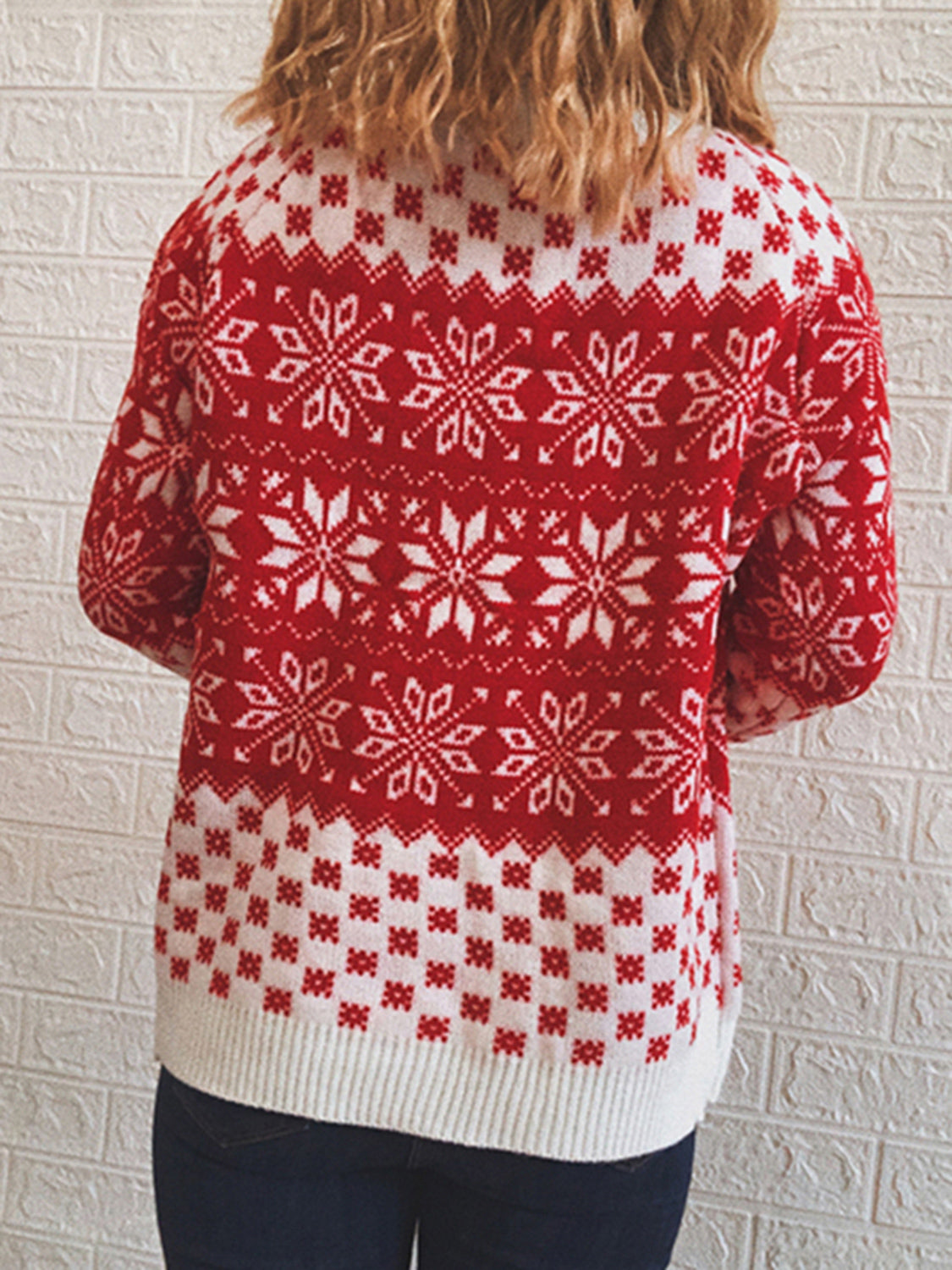 Snowflake Pattern Long Sleeve Sweater OutfitFlow