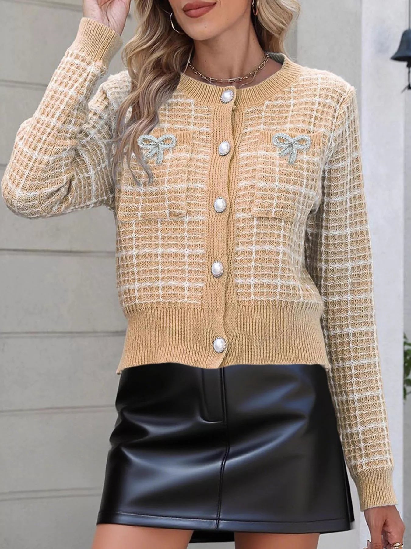 Bow Decor Button Up Cardigan Gold Trendsi