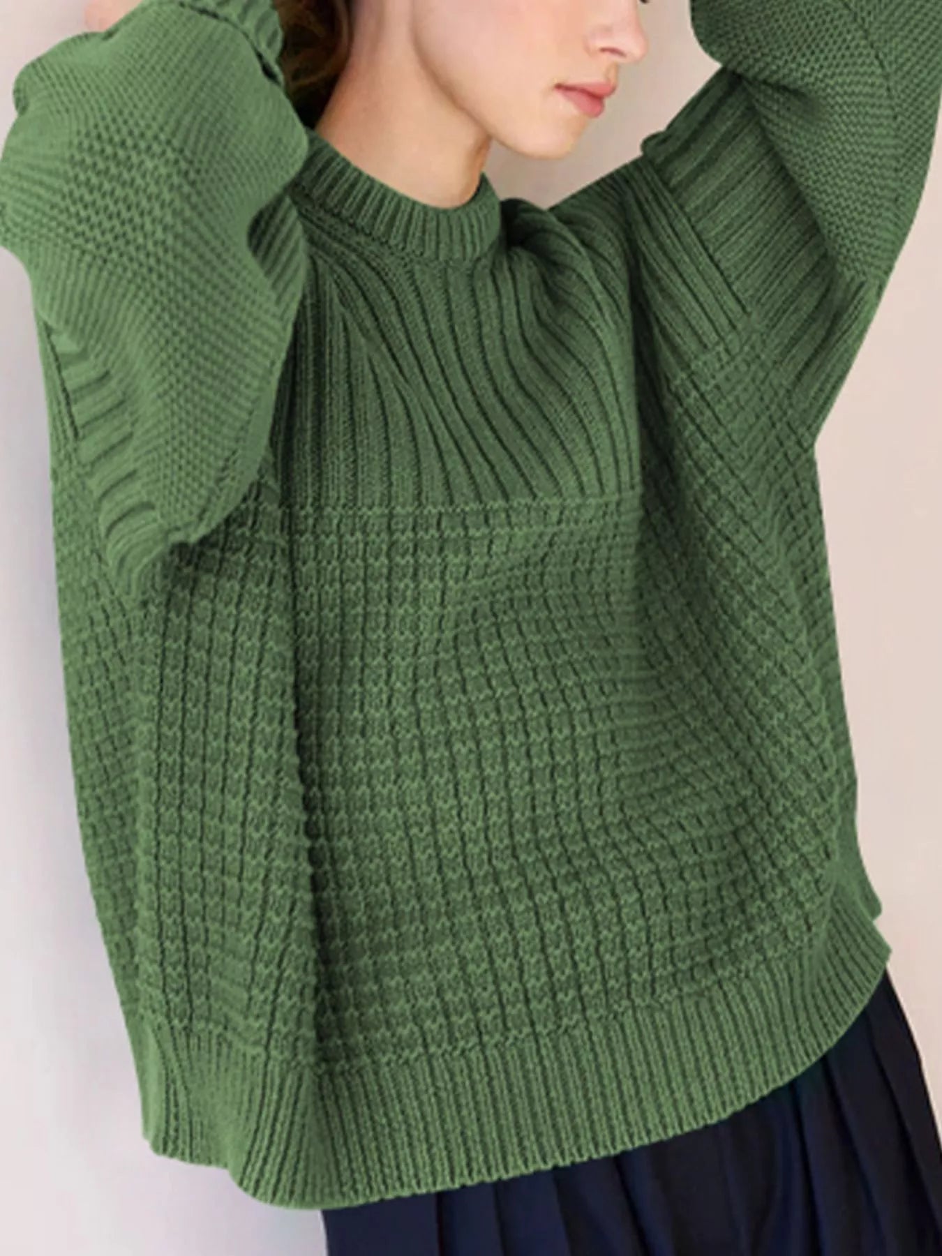 Textured Knit Round Neck Sweater OutfitFlow