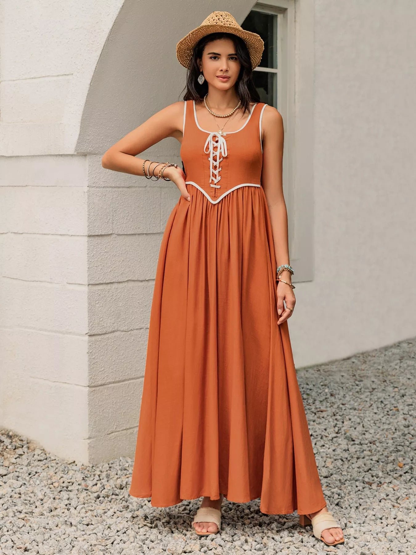 Contrast Trim Lace-Up Maxi Tank Dress OutfitFlow