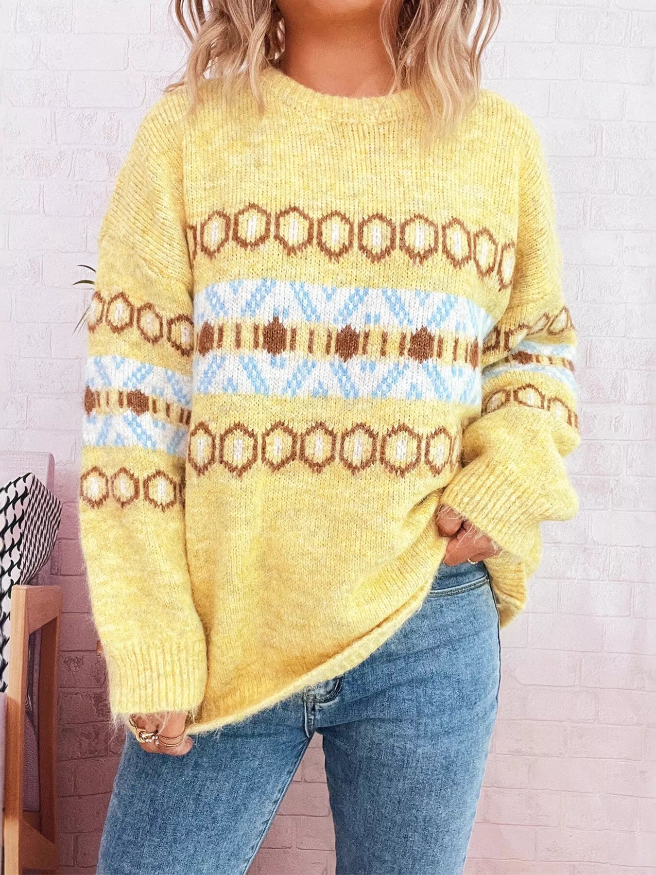 Contrast Round Neck Drop Shoulder Sweater Yellow One Size OutfitFlow