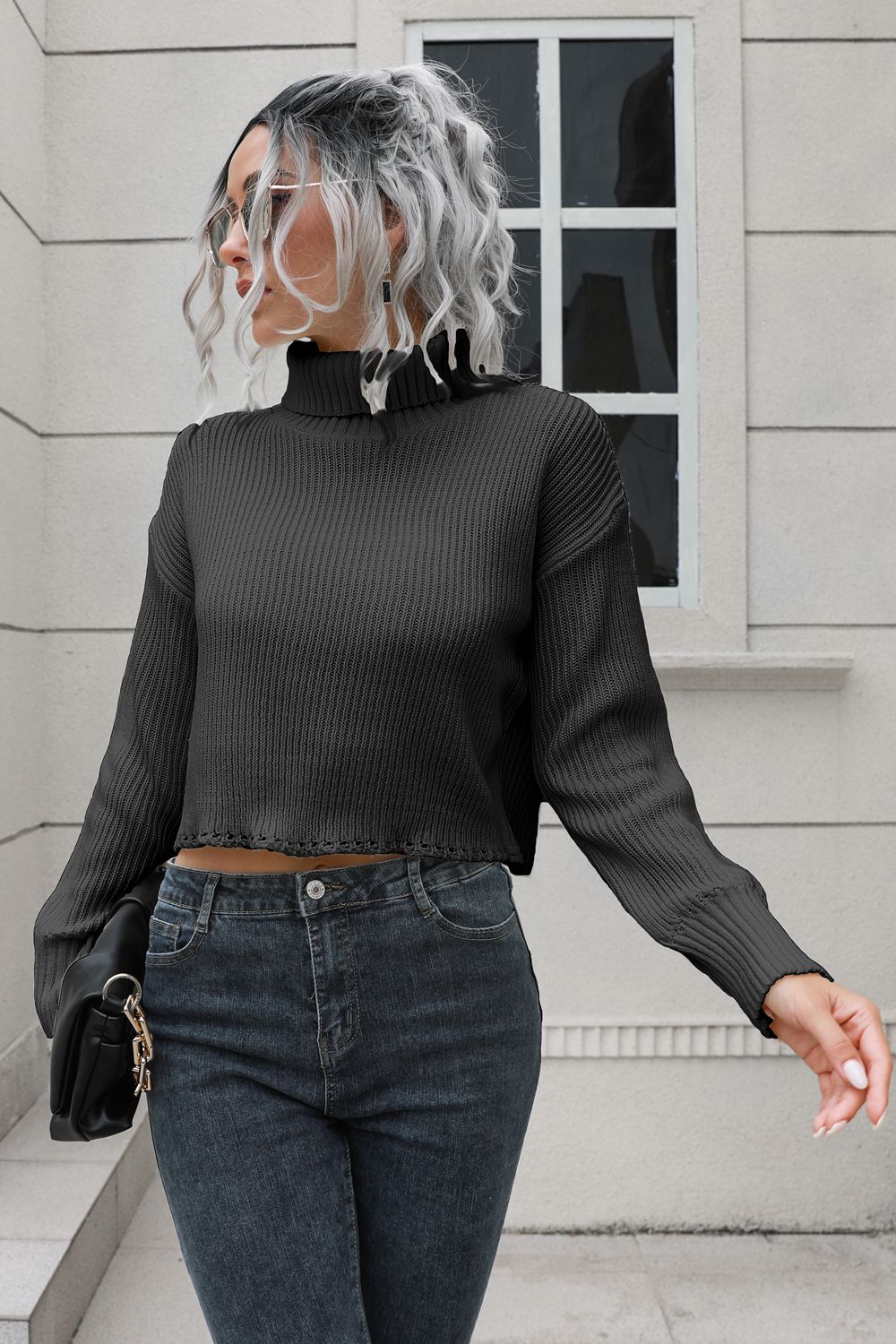 Turtleneck Dropped Shoulder Sweater Trendsi