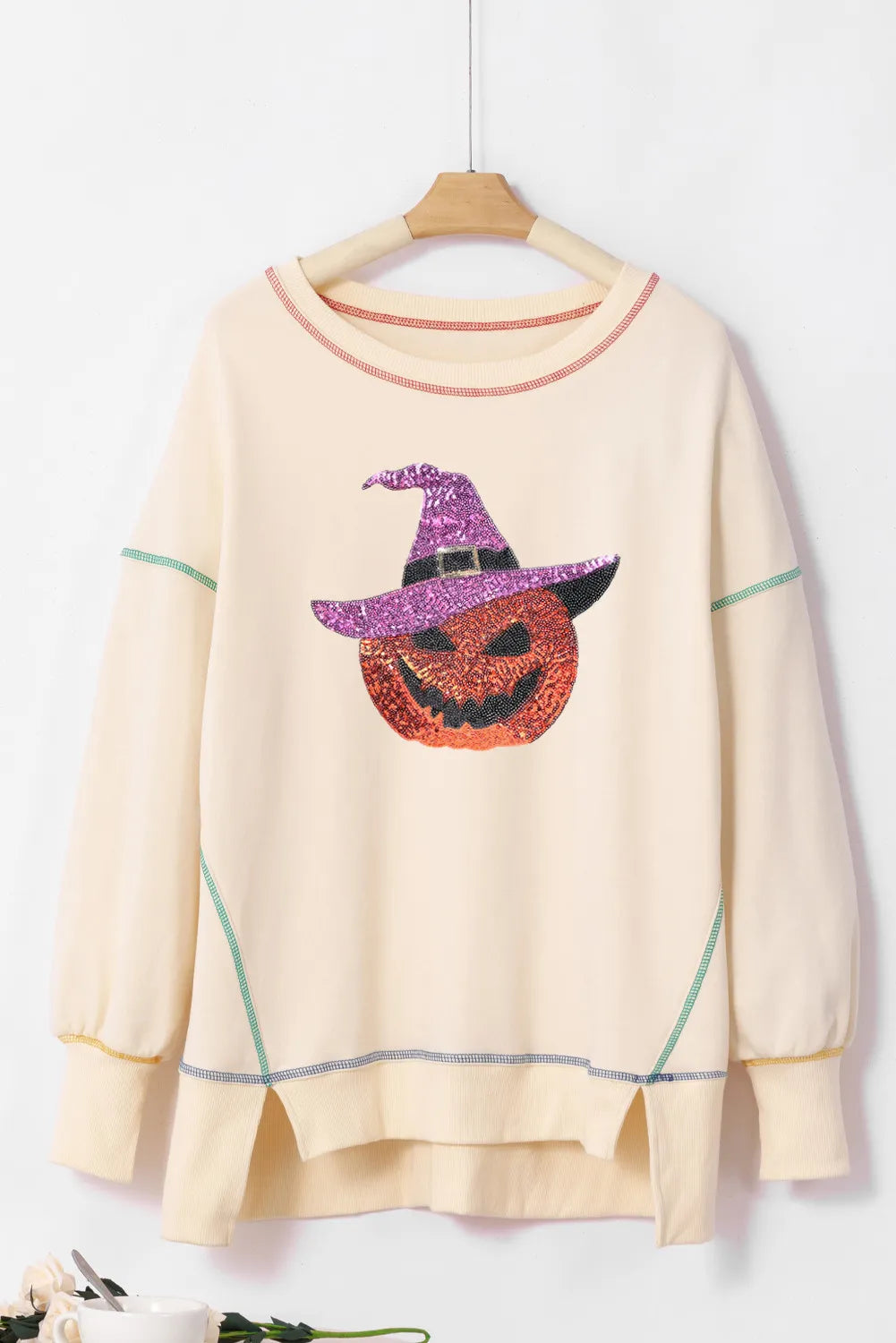 Contrast Stitching Sequin Pumpkin Round Neck Long Sleeve Sweatshirt OutfitFlow