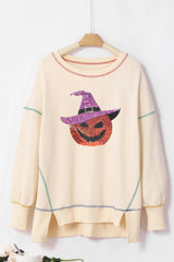 Contrast Stitching Sequin Pumpkin Round Neck Long Sleeve Sweatshirt OutfitFlow