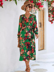 Printed Surplice Long Sleeve Midi Dress OutfitFlow