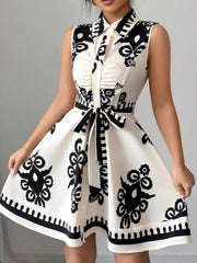 Printed Sleeveless Tie Waist Mini Dress OutfitFlow