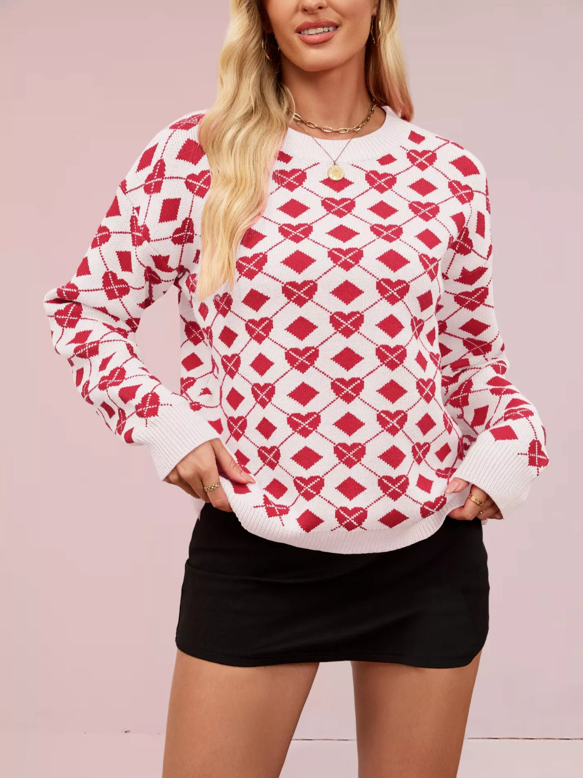Heart & Diamond Pattern Long Sleeve Sweater Red OutfitFlow