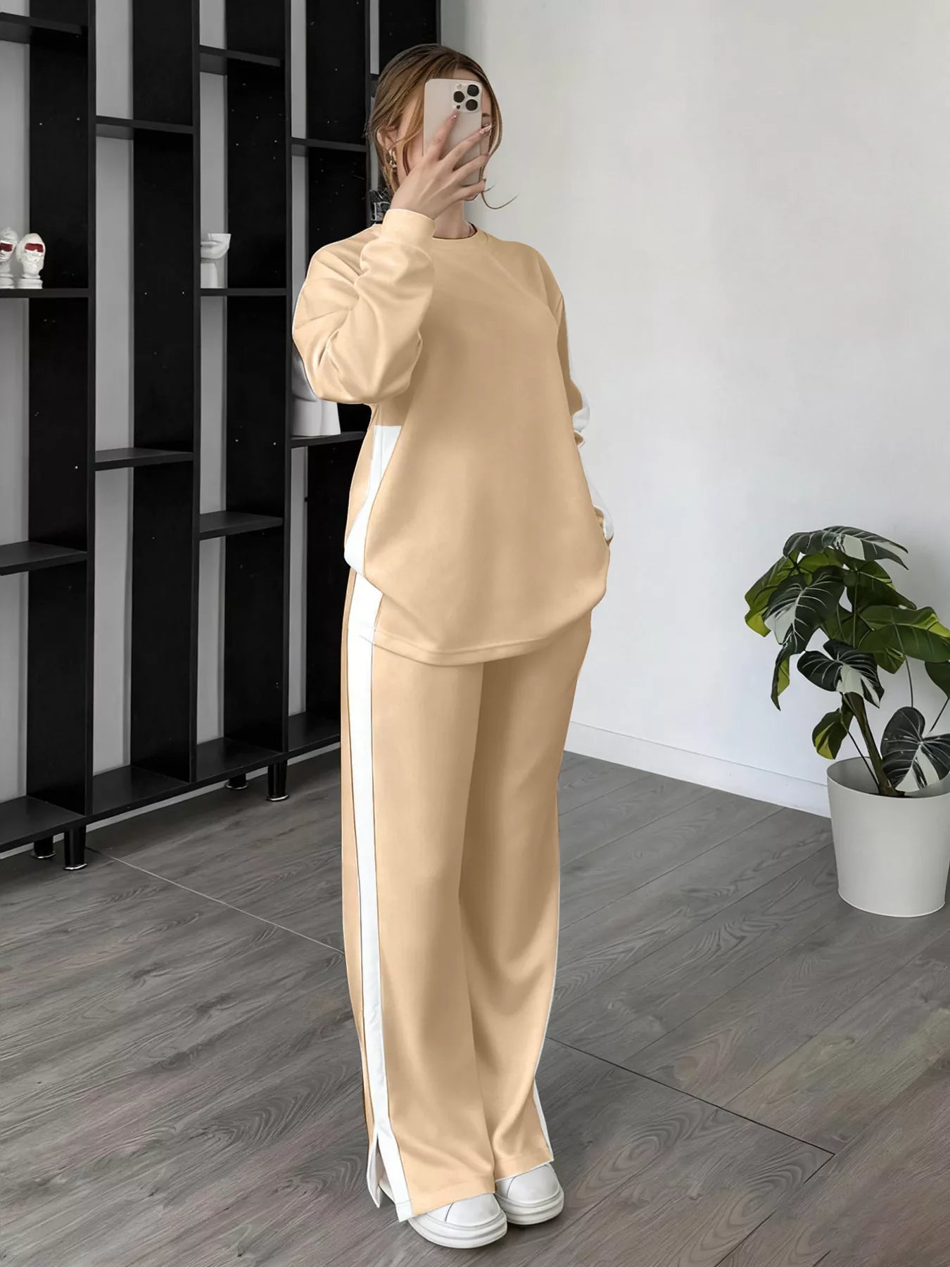 Full Size Contrast Round Neck Top and Pants Set Plus Size Apricot OutfitFlow