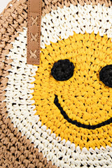 Fame Straw Braided Round Happy Face Tote Bag OutfitFlow